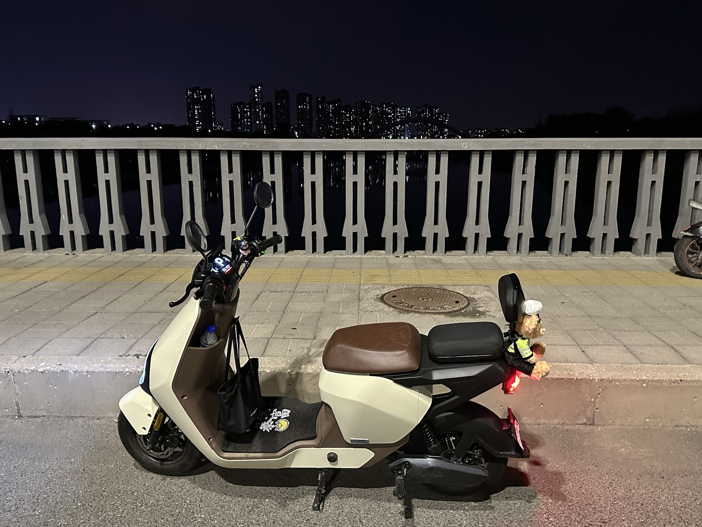 夜晚河畔停放的浅色电动车